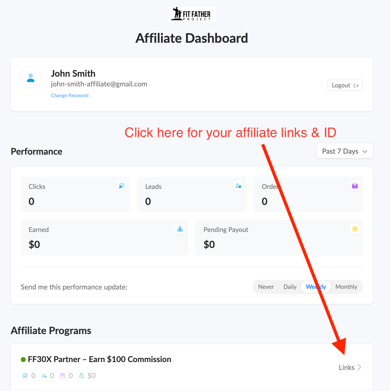 Affiliate dashboard β click Links next to your program